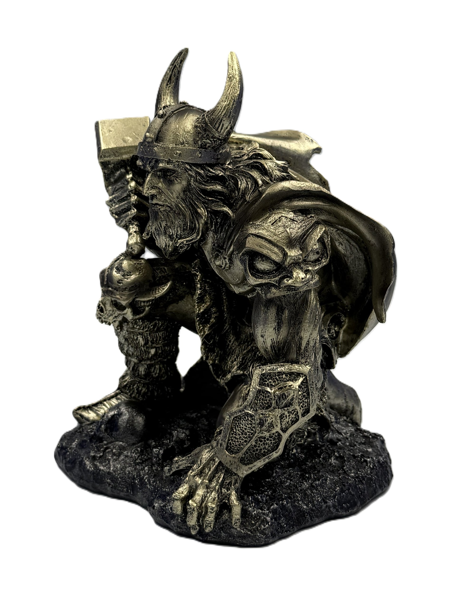 Front angled view of Thor statue holding hammer with detailed Viking helmet armor and cold cast bronze finish
