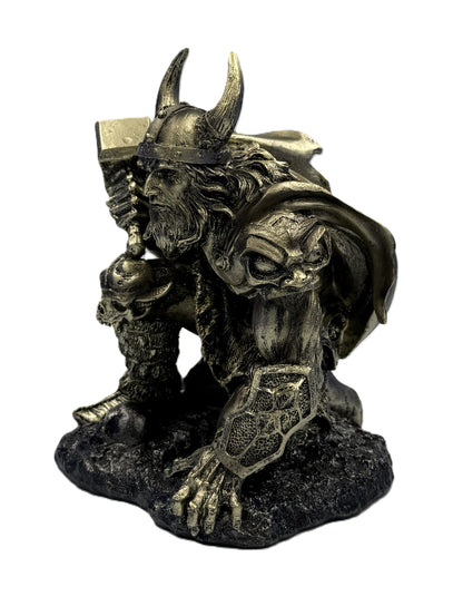 Front angled view of Thor statue holding hammer with detailed Viking helmet armor and cold cast bronze finish
