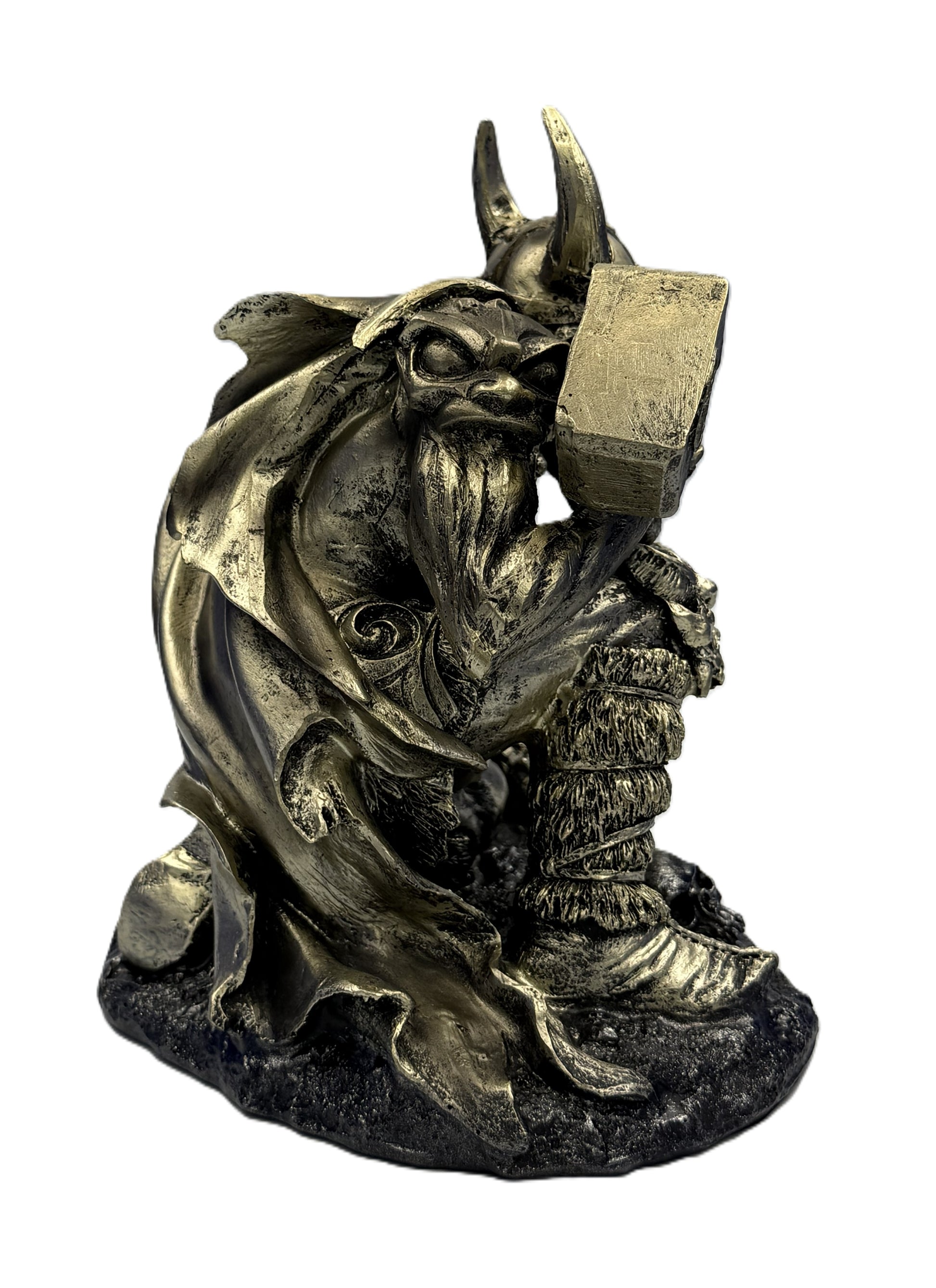 Side view of Norse god Thor figure gripping hammer with intricate beard, armor, and cloak detailing
