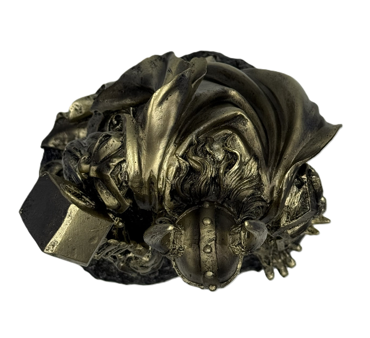 Top view of Thor statue highlighting Viking helmet, flowing cape, and hammer placement in sculpted detail
