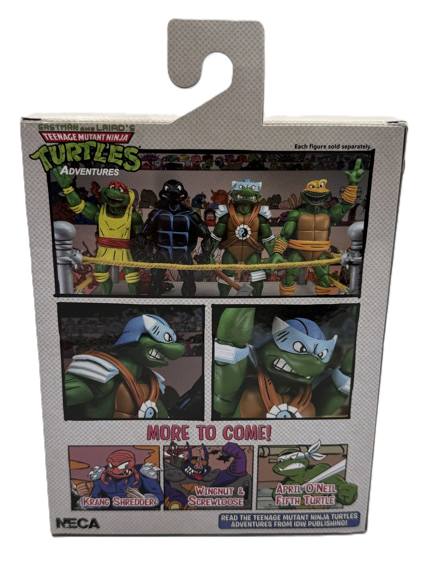 Back of NECA TMNT Adventures Leonardo action figure packaging featuring character artwork and series information
