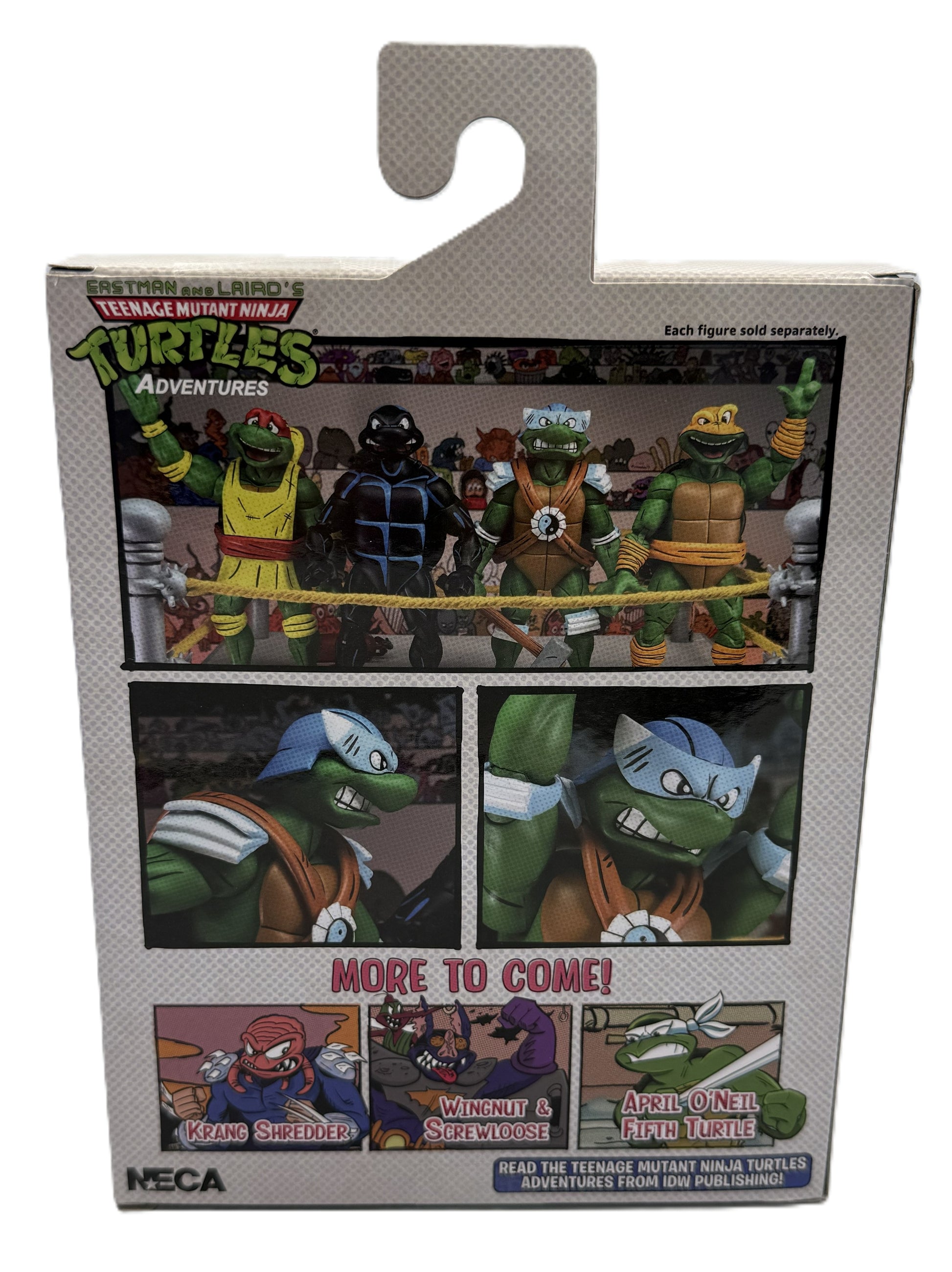 Back of NECA TMNT Adventures Leonardo action figure packaging featuring character artwork and series information
