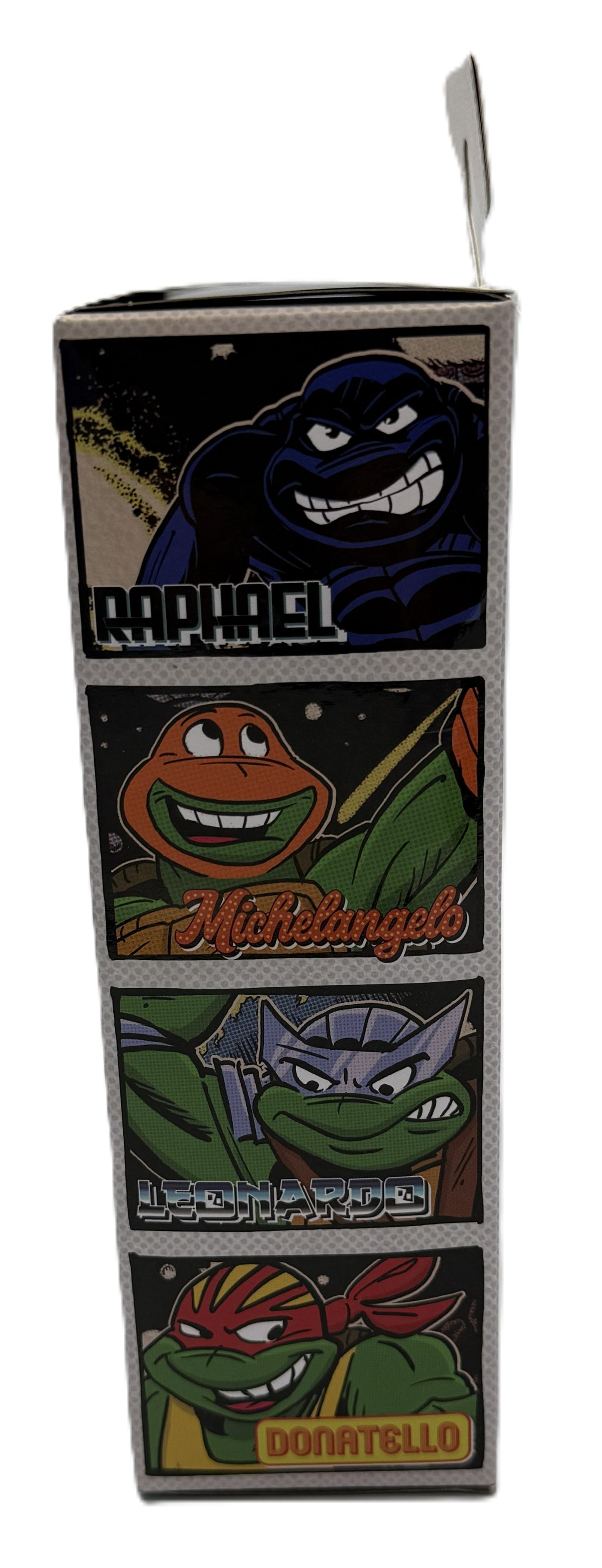 Character artwork panel showing Leonardo from the TMNT Adventures series on NECA packaging
