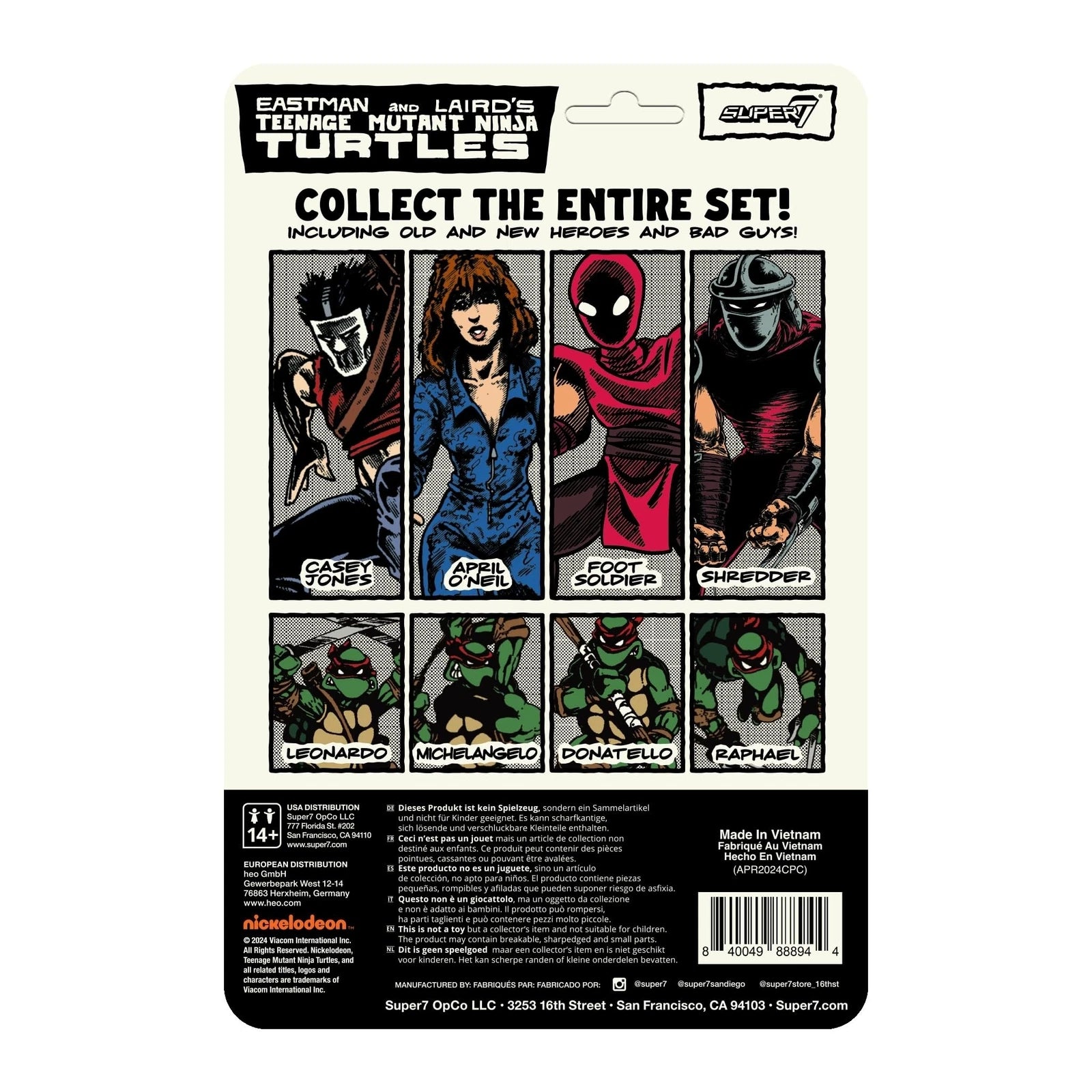 Back of Casey Jones TMNT ReAction figure packaging showing character lineup and collectible series details
