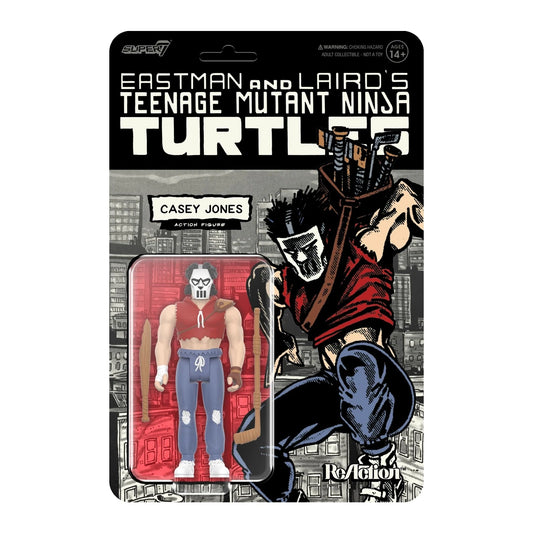 Front packaging of Super7 Teenage Mutant Ninja Turtles Casey Jones ReAction figure with comic style artwork and blister card
