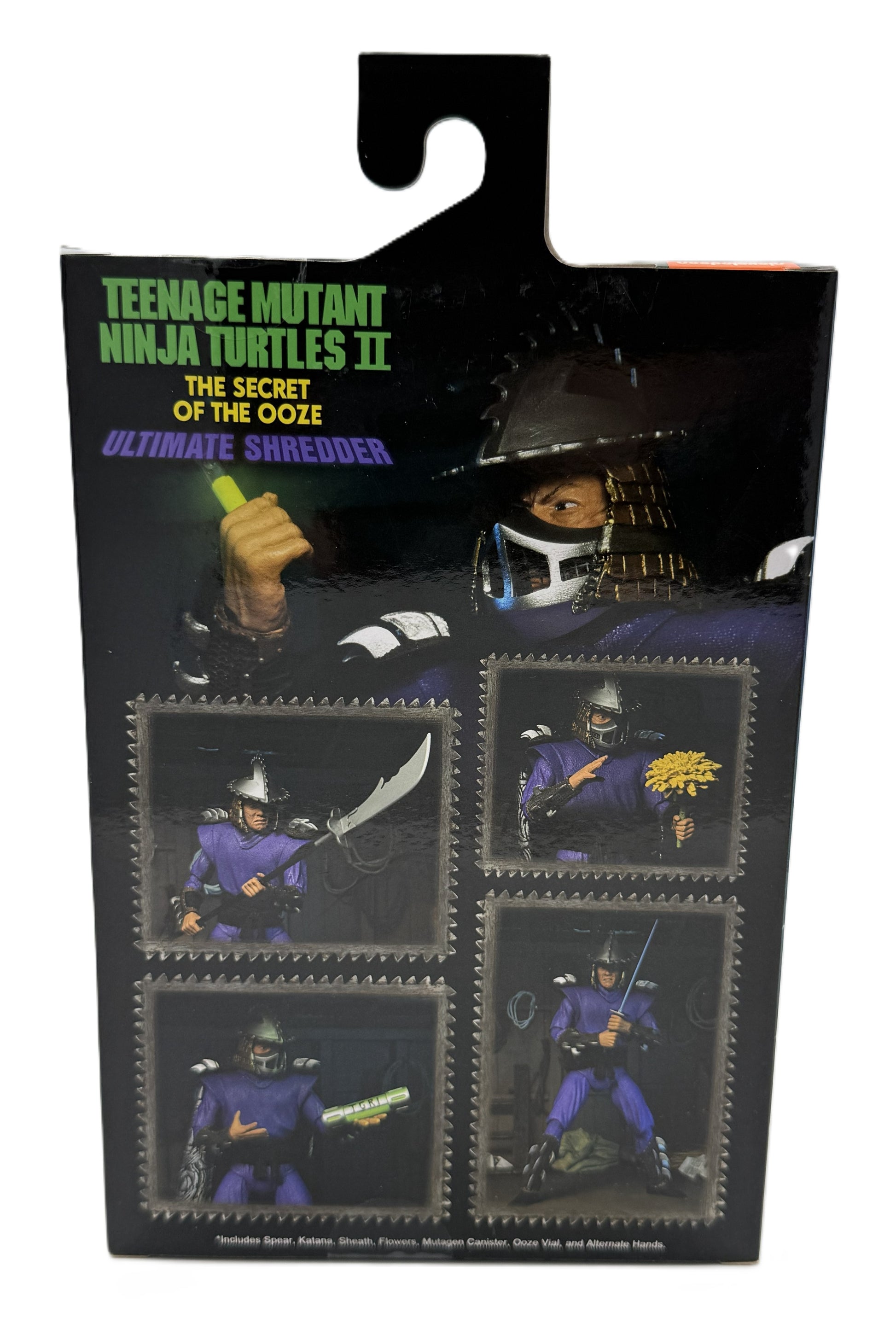 Back of the NECA Ultimate Shredder action figure packaging featuring movie-inspired photography and included accessories.
