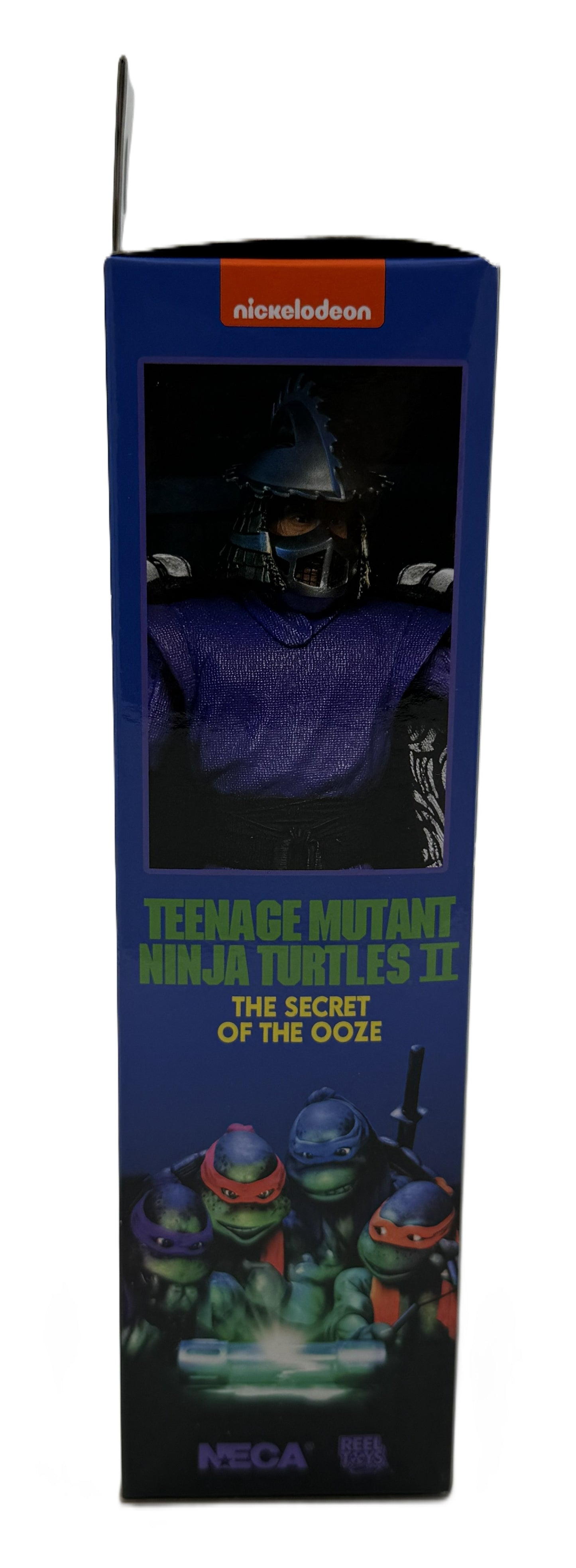 Side panel of the NECA Ultimate Shredder packaging featuring Teenage Mutant Ninja Turtles II The Secret of the Ooze artwork 2