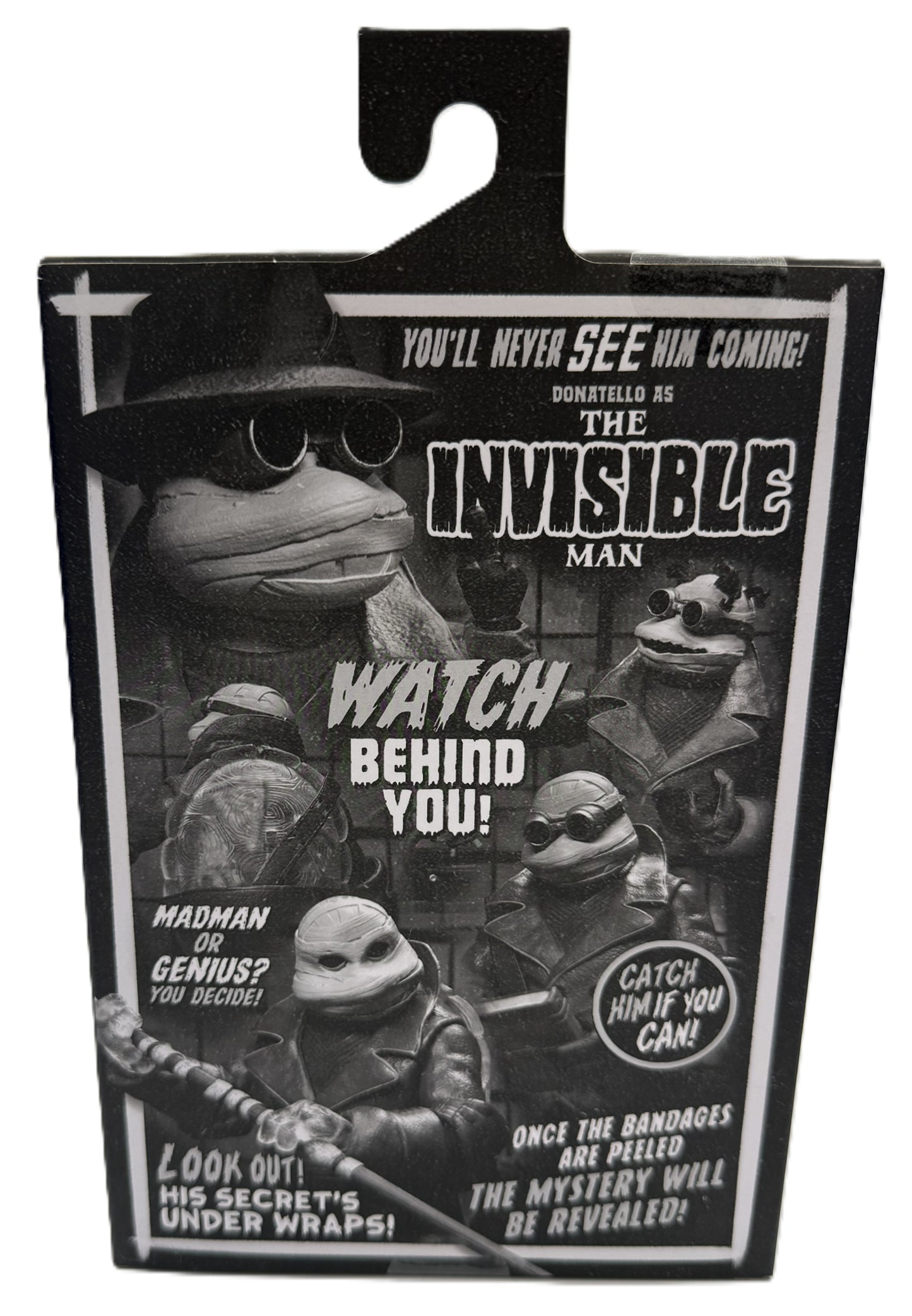 Back of TMNT Universal Monsters Donatello as The Invisible Man packaging featuring themed character artwork
