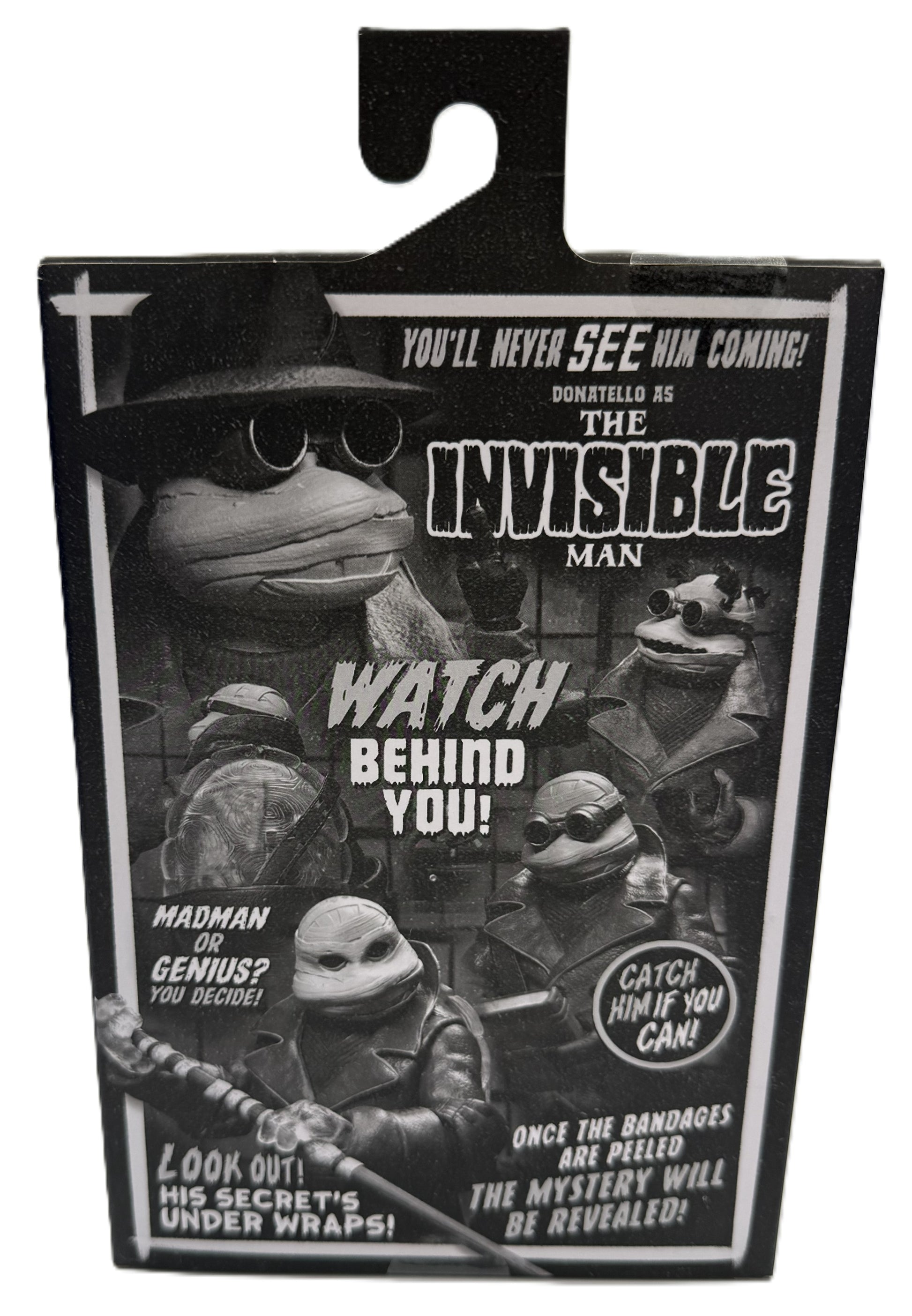 Back of TMNT Universal Monsters Donatello as The Invisible Man packaging featuring themed character artwork
