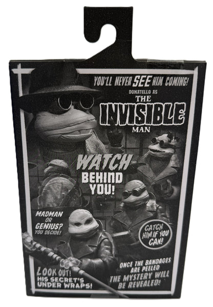 Back of TMNT Universal Monsters Donatello as The Invisible Man packaging featuring themed character artwork
