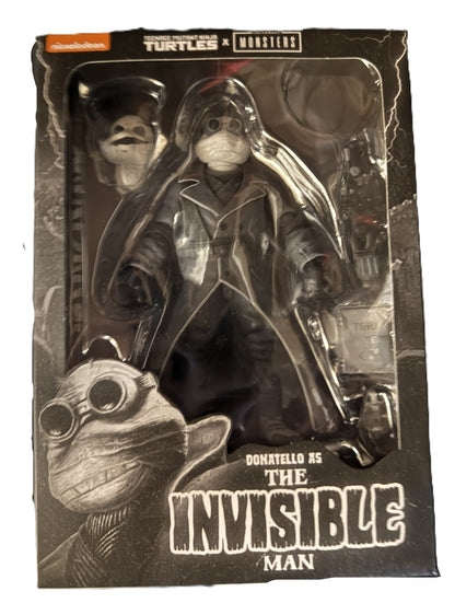 Front view of NECA TMNT Universal Monsters Donatello as The Invisible Man action figure packaging
