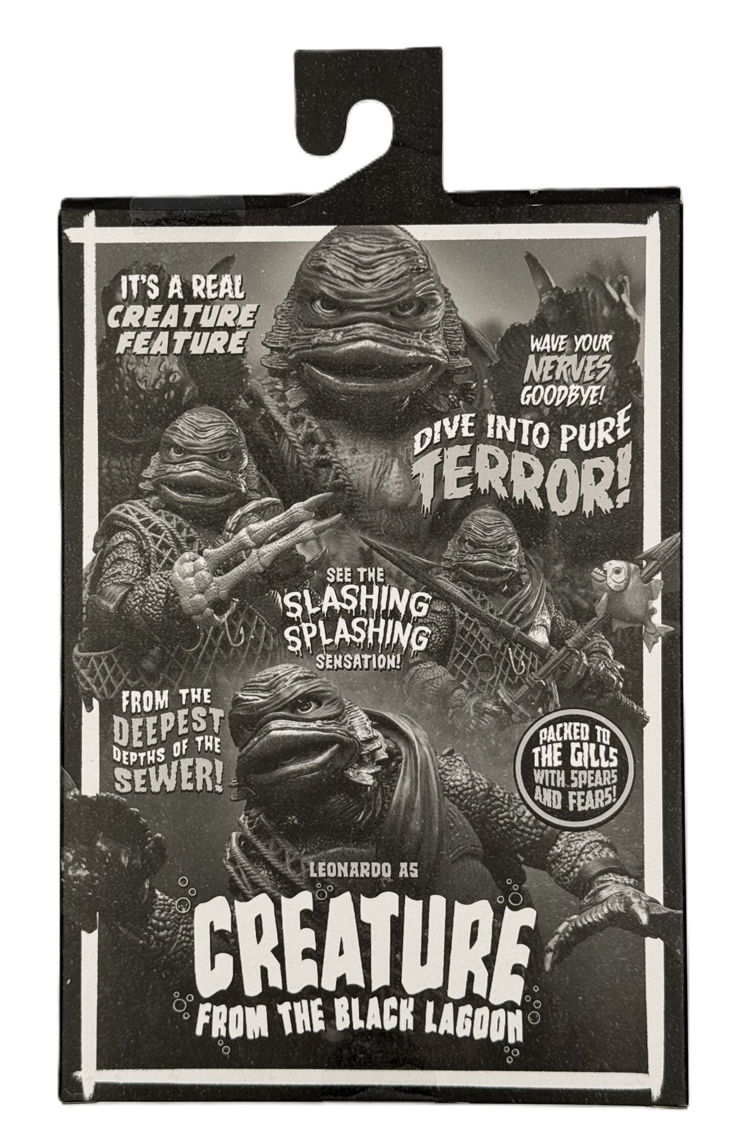 Back packaging artwork for Leonardo as Creature From The Black Lagoon TMNT Universal Monsters figure
