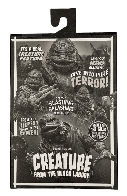 Back packaging artwork for Leonardo as Creature From The Black Lagoon TMNT Universal Monsters figure
