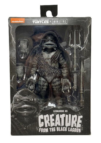 Front packaging of TMNT x Universal Monsters Leonardo as Creature From The Black Lagoon action figure by NECA
