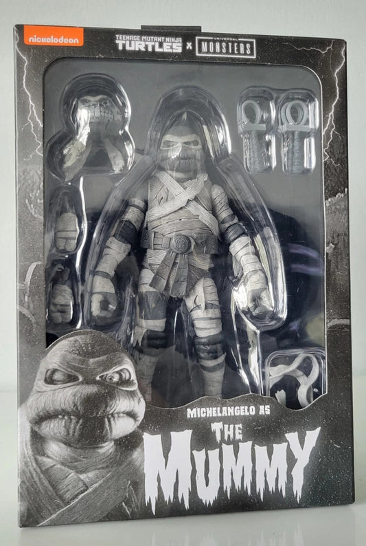 Front view of NECA TMNT Universal Monsters Michelangelo as The Mummy action figure packaging
