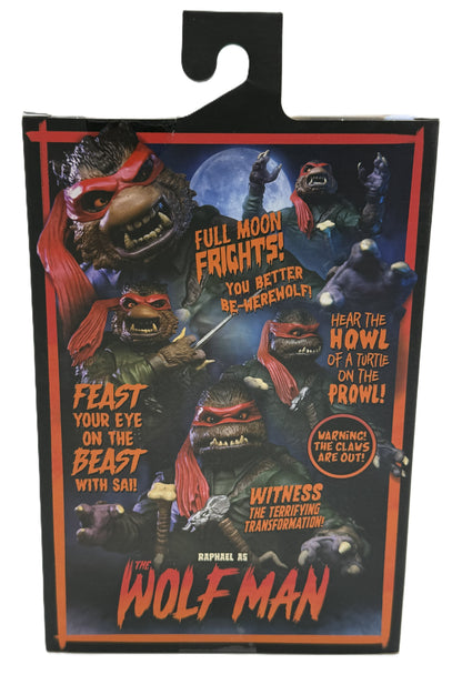 Back of the NECA Raphael as The Wolf Man Ultimate Action Figure packaging featuring promotional artwork and product photography.