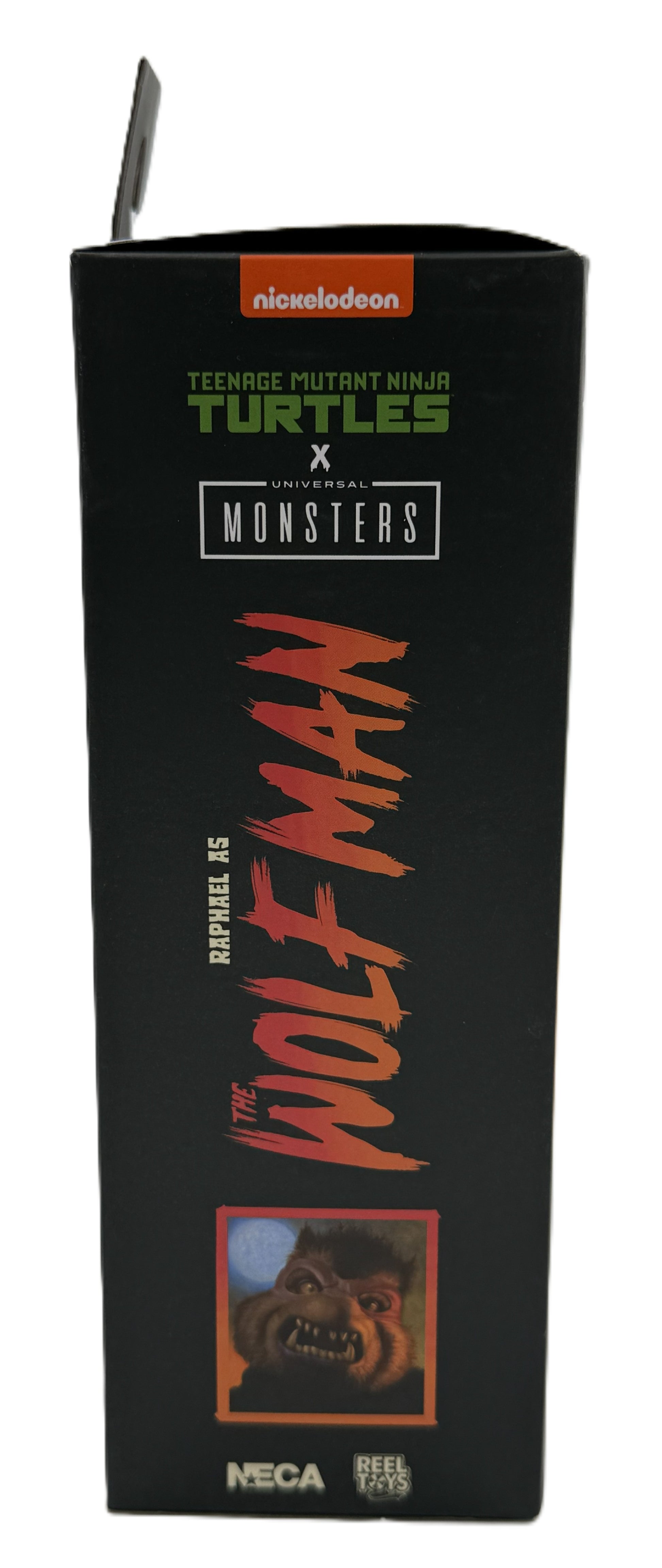 Side view of the NECA TMNT x Universal Monsters Raphael as The Wolf Man collector packaging.