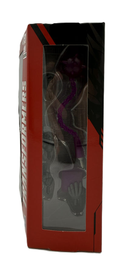 Side view of Transformers R.E.D. Megatron packaging showing interchangeable hands and purple character accessories.