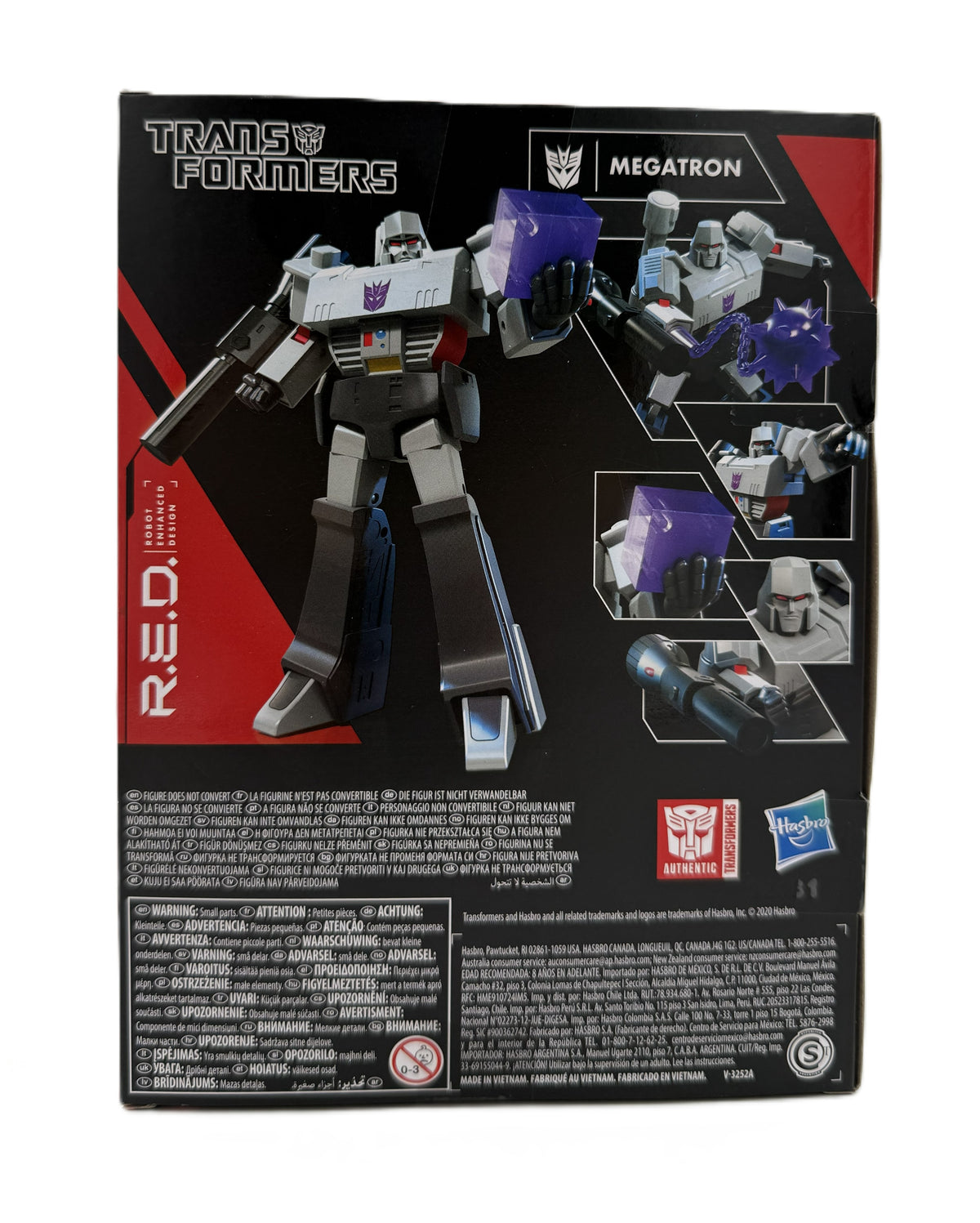 Back of Transformers Generations R.E.D. Megatron packaging showing the figure posed with its included accessories.