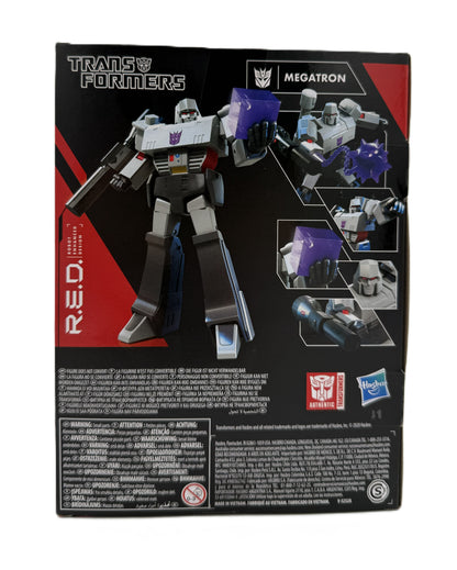 Back of Transformers Generations R.E.D. Megatron packaging showing the figure posed with its included accessories.