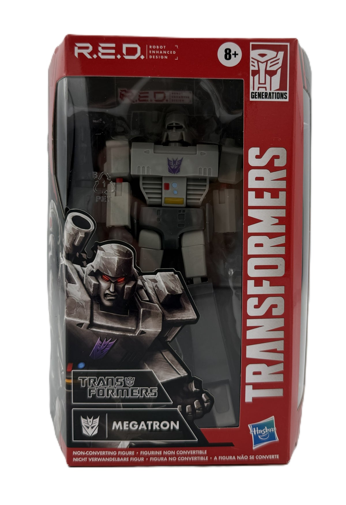 Front view of Hasbro Transformers Generations R.E.D. Megatron Robot Enhanced Design figure in window box packaging.