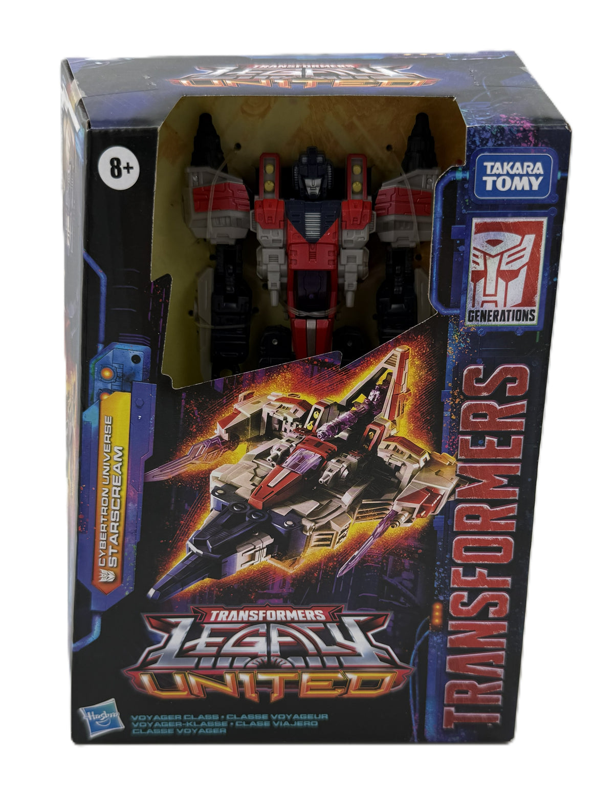 Front view of Transformers Legacy United Cybertron Universe Starscream Voyager Class action figure in original packaging.