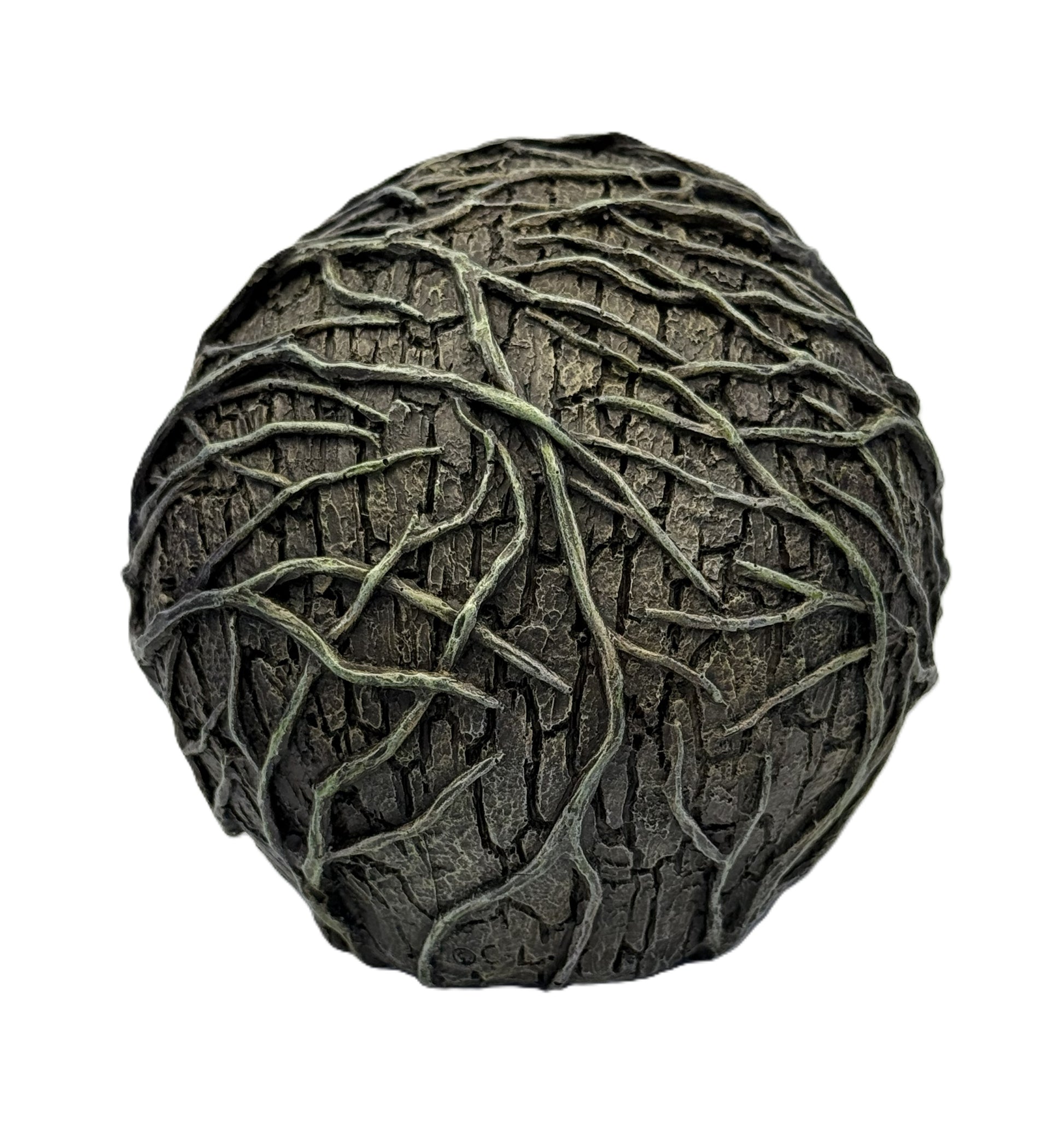 Back view of nature gothic skull showing intricate wood-like texture and vine patterns covering the entire surface
