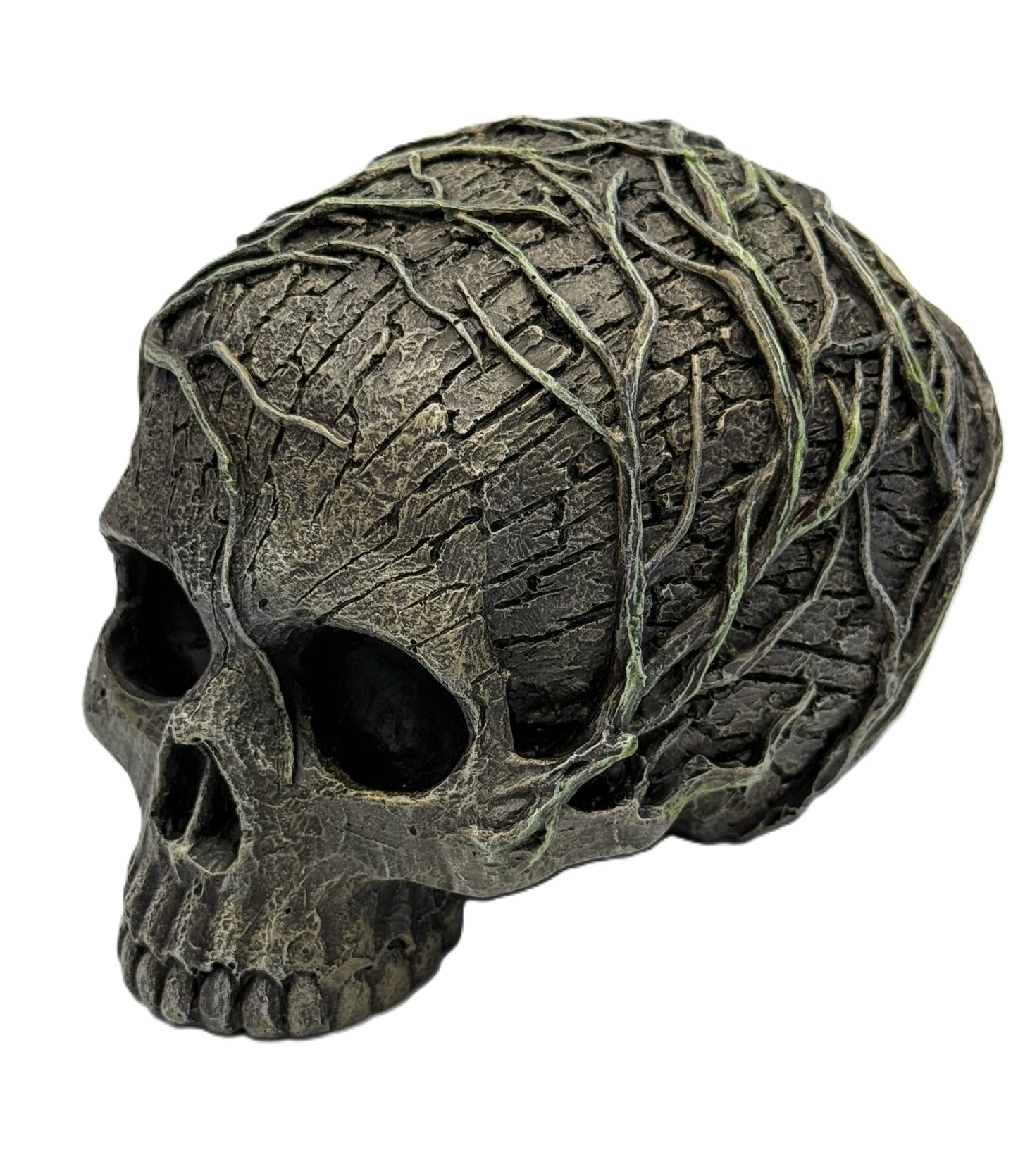 Front angled view of tree spirit skull statue with vine-covered textured surface and hollow eyes in gothic nature design
