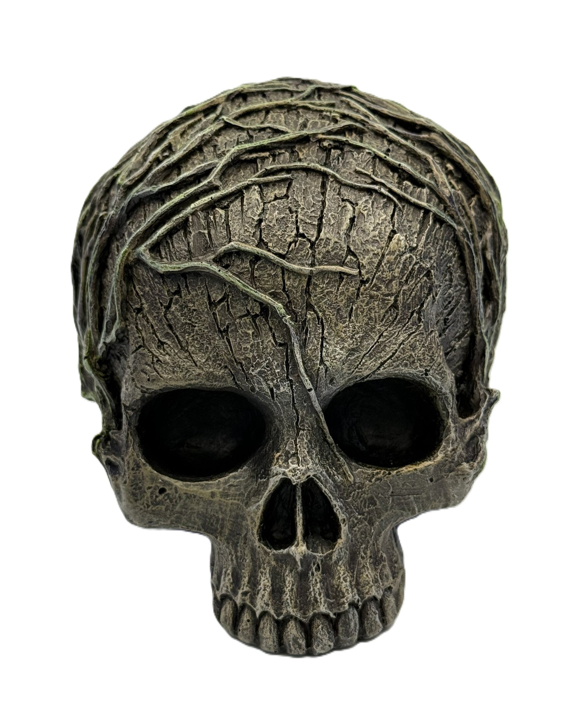 Front view of tree spirit skull with dark hollow eye sockets and weathered forest-inspired finish
