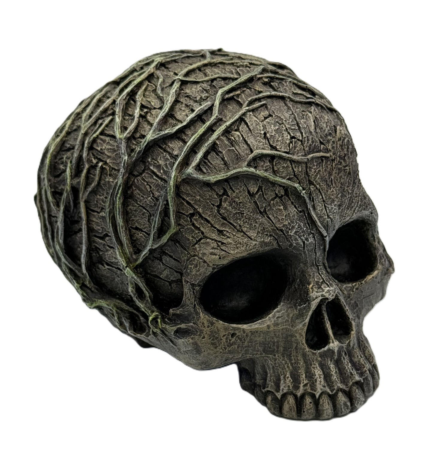 Front view of tree spirit skull with dark hollow eye sockets and weathered forest-inspired finish
