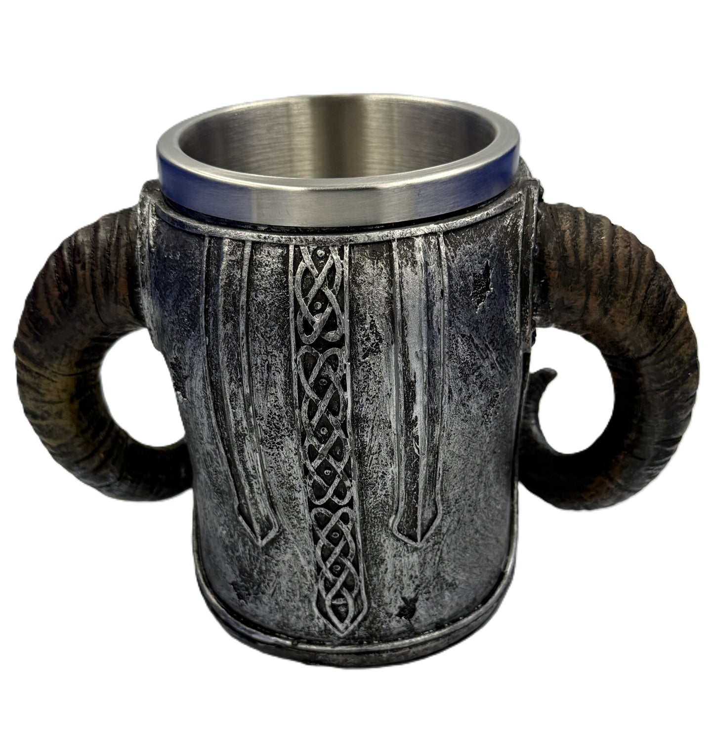 Rear view of Viking mug highlighting textured metal finish and symmetrical horn handles

