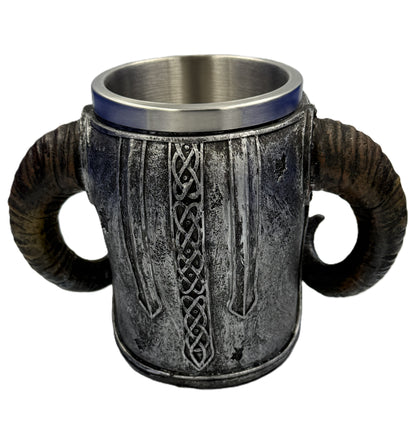 Rear view of Viking mug highlighting textured metal finish and symmetrical horn handles
