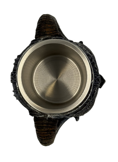 Top view of Viking skull tankard showing stainless steel insert and circular interior finish
