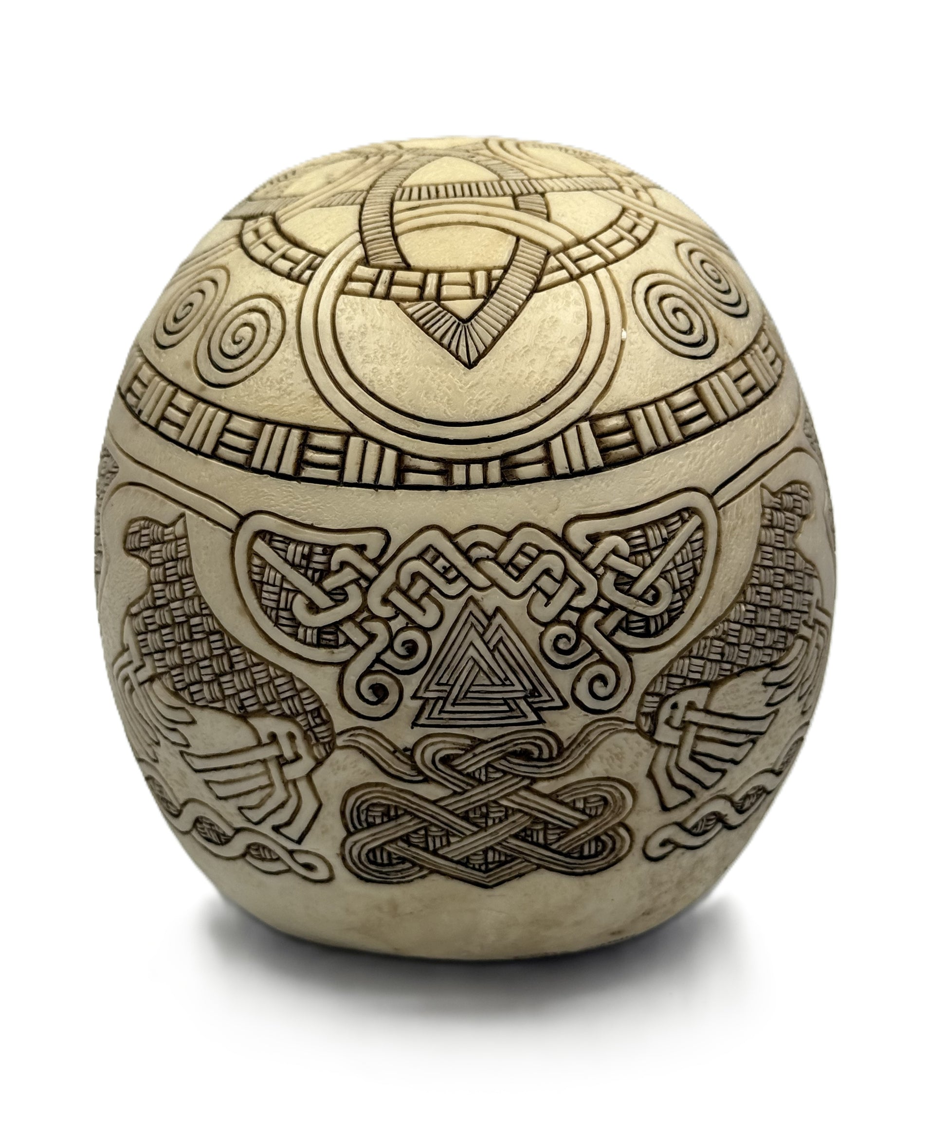 Back view of Viking skull statue featuring Odin ravens and Celtic knot engravings on resin surface
