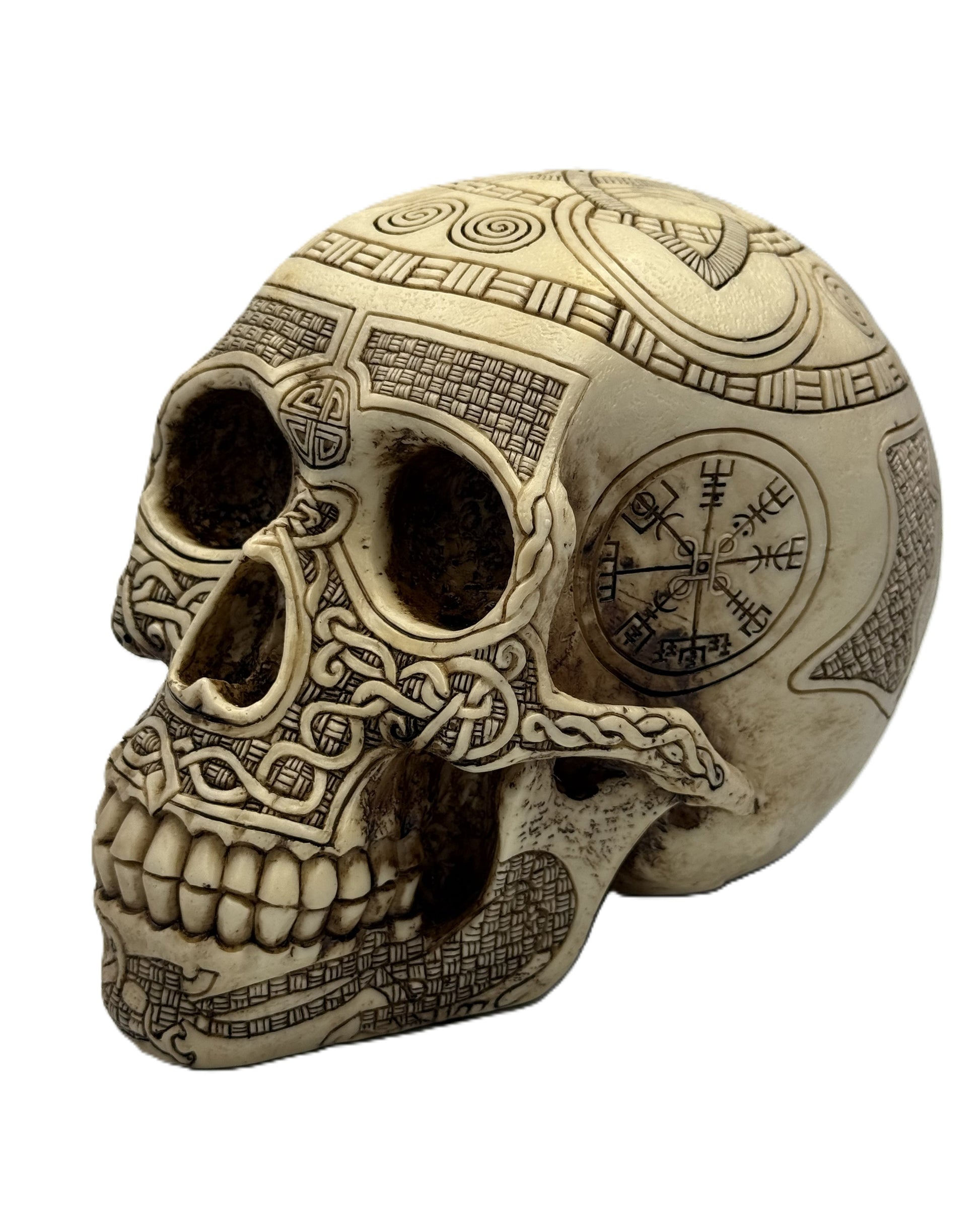 Front angled view of Viking skull statue with Norse rune engravings and intricate knotwork hand painted resin decor
