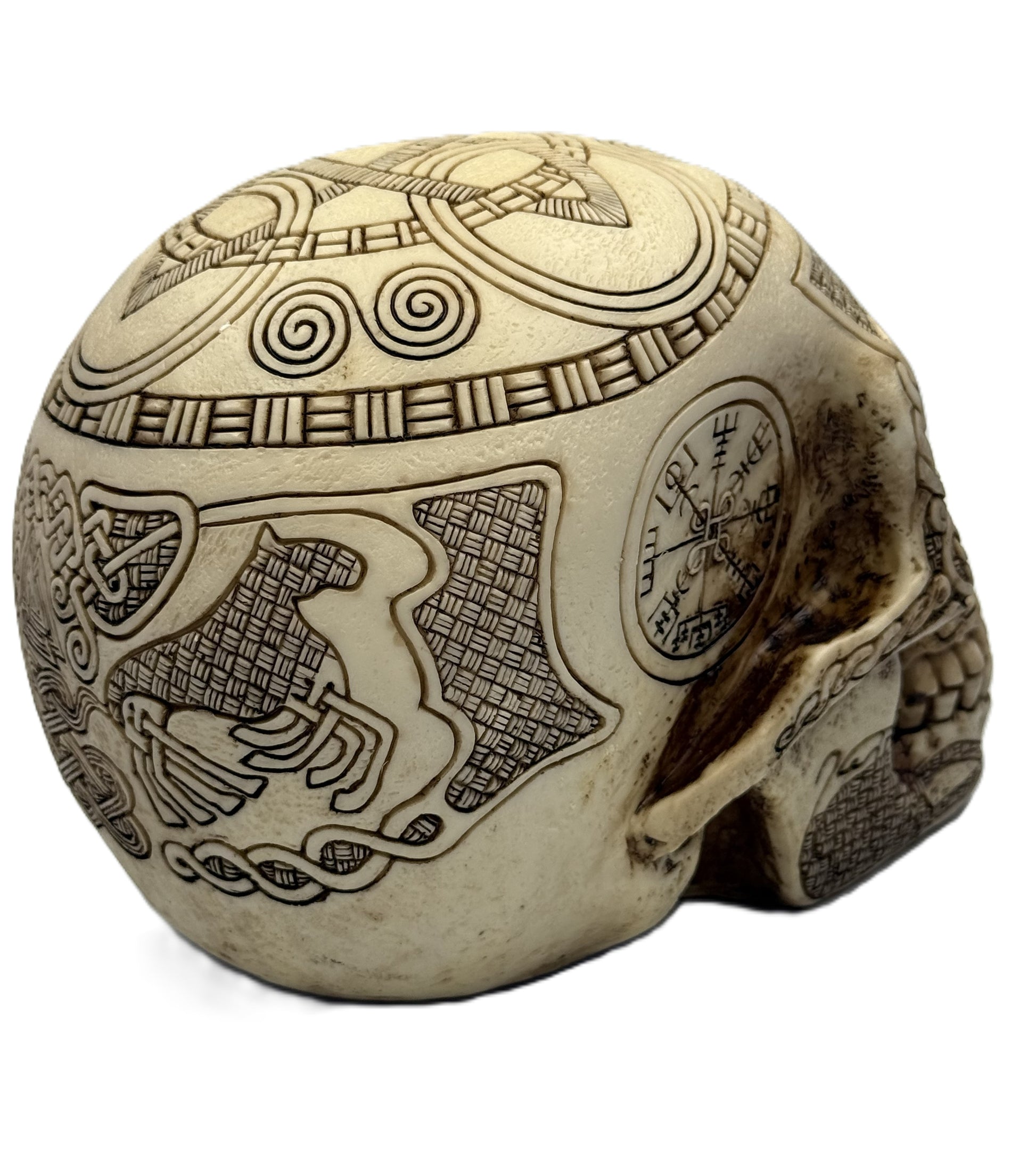 Rear side view of Norse skull decor highlighting raven motif and textured woven pattern carvings
