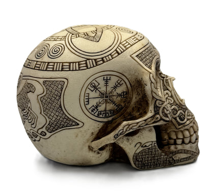 Side front view of Viking skull statue with Vegvisir compass engraving and detailed knotwork design
