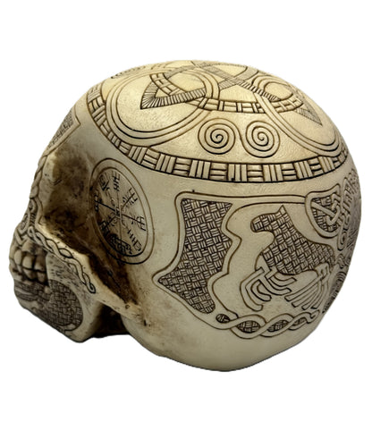 Top angled view of Norse skull decor showing triquetra knot design and detailed carved patterns
