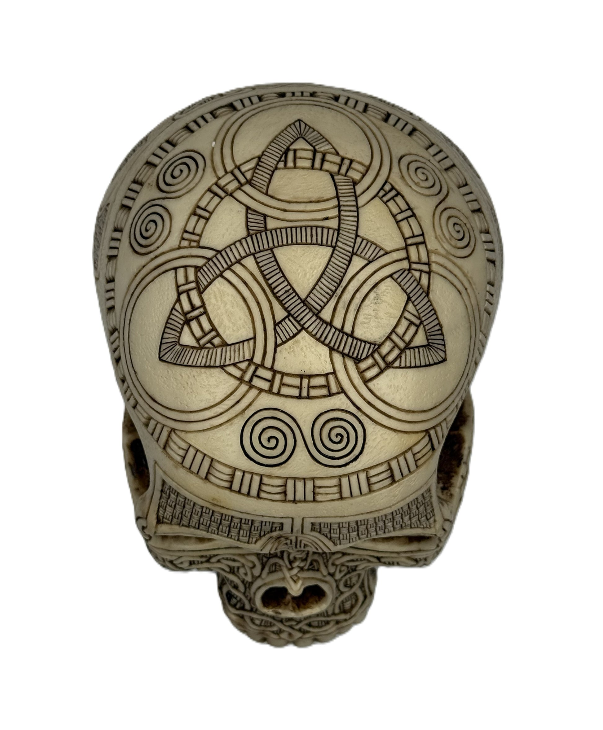 Top view of Norse skull decor featuring triquetra symbol and spiral carvings in hand painted resin
