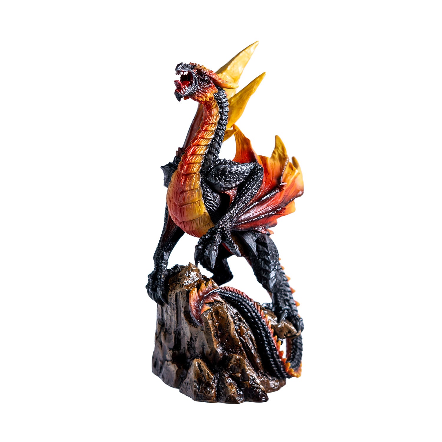 Front angle of roaring Vulcan dragon perched on rock base
