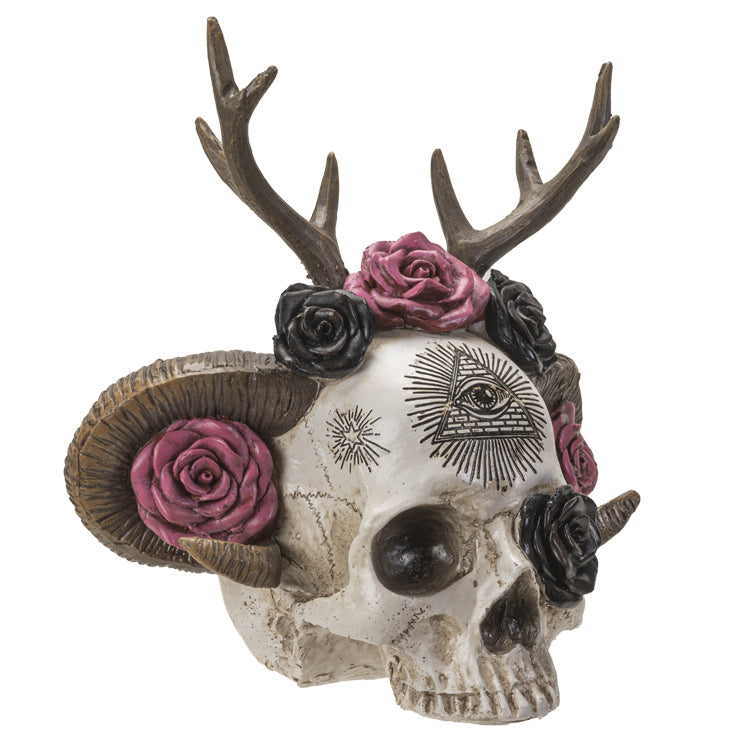 Angled view showing layered design with roses and horns
