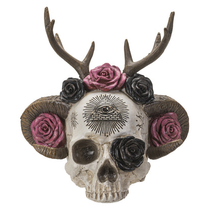 Front view of wiccan skull with antlers, horns, roses, and engraved occult symbol
