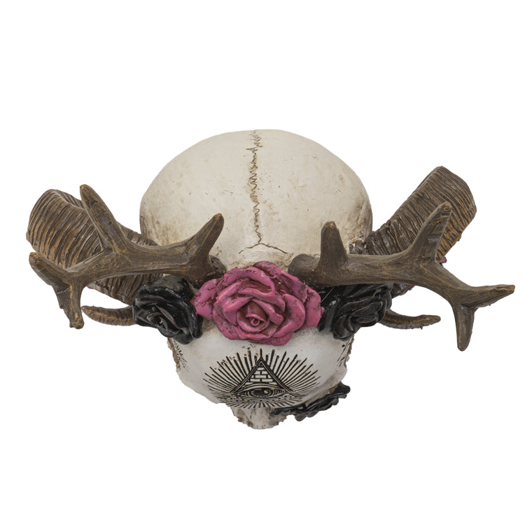 Top angle highlighting antlers and floral crown details
