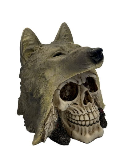 Front angled view of wolf skull decor piece with feather accents and realistic skull detailing
