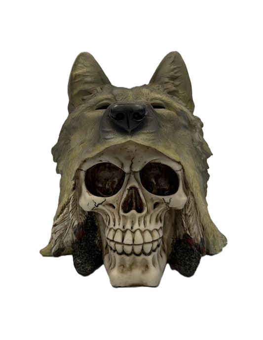 Front view of wolf skull statue with detailed headdress and realistic bone texture hand painted resin decor
