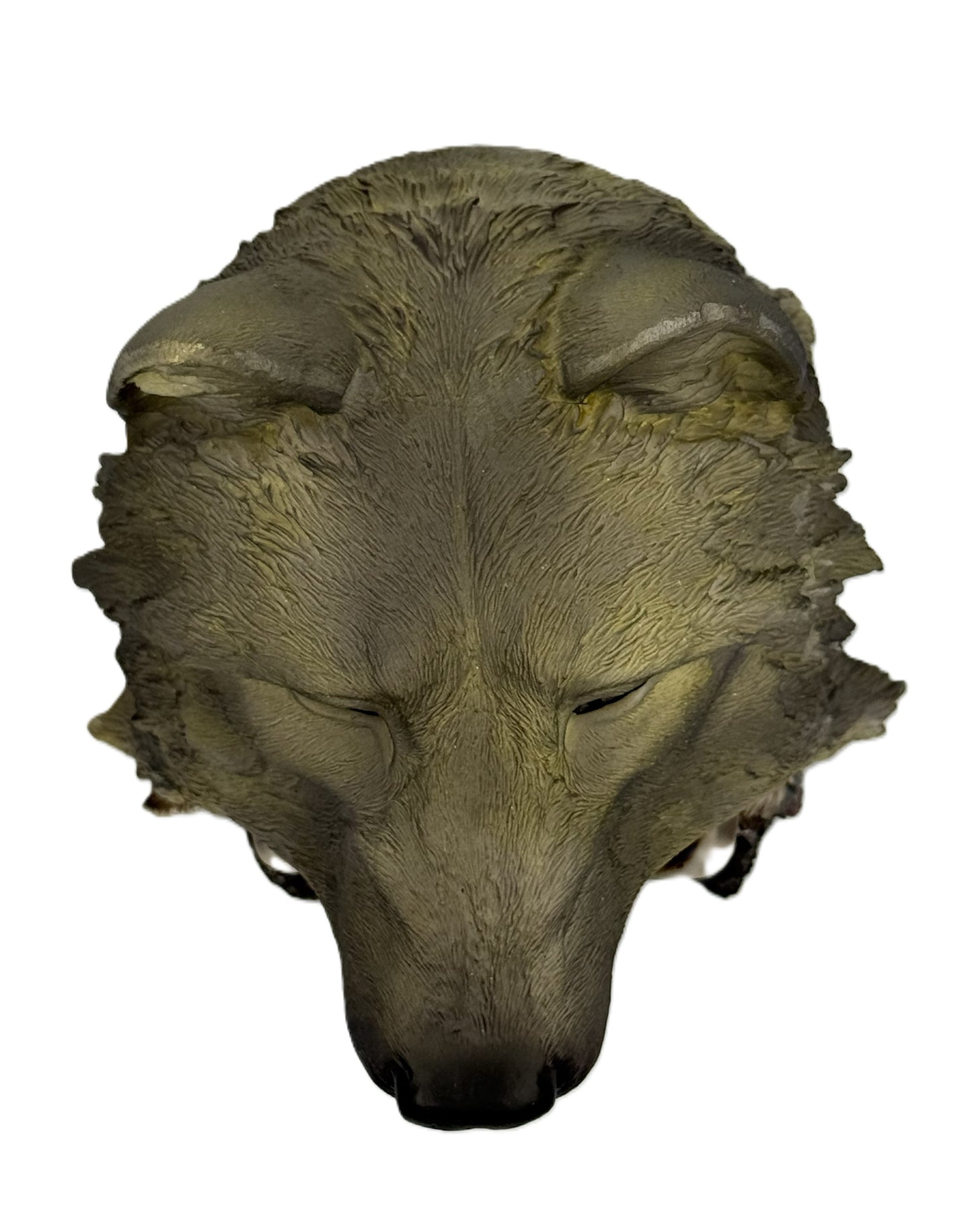 Top view of wolf head headdress statue showing detailed fur sculpting and natural shading finish
