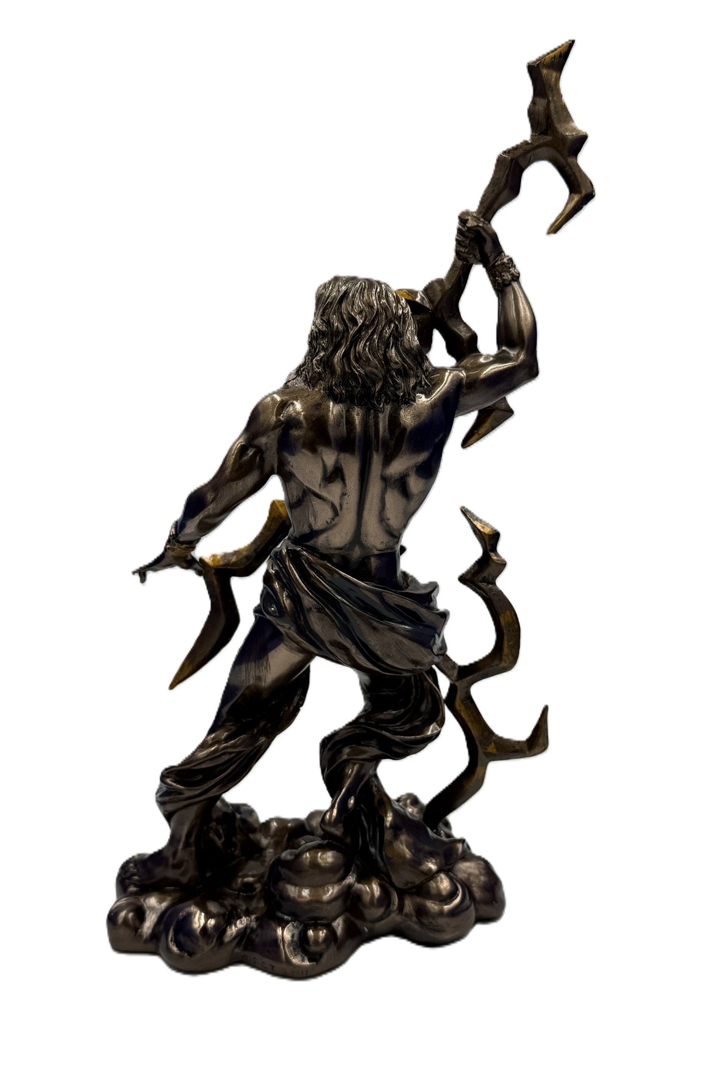 Rear view of Zeus statue highlighting muscular back, draped cloth, and lightning detail in cold cast bronze
