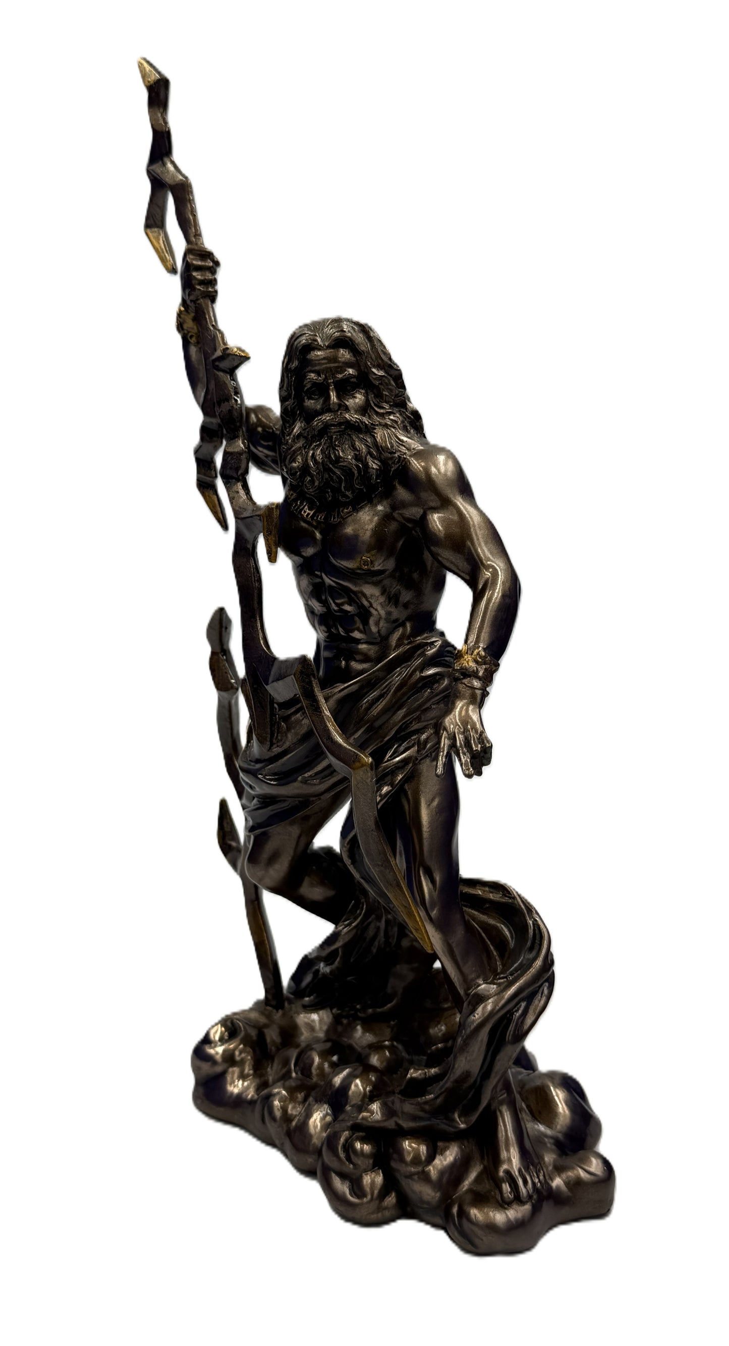 Angled front view of Zeus statue wielding lightning bolt with detailed beard, muscular torso, and bronze finish
