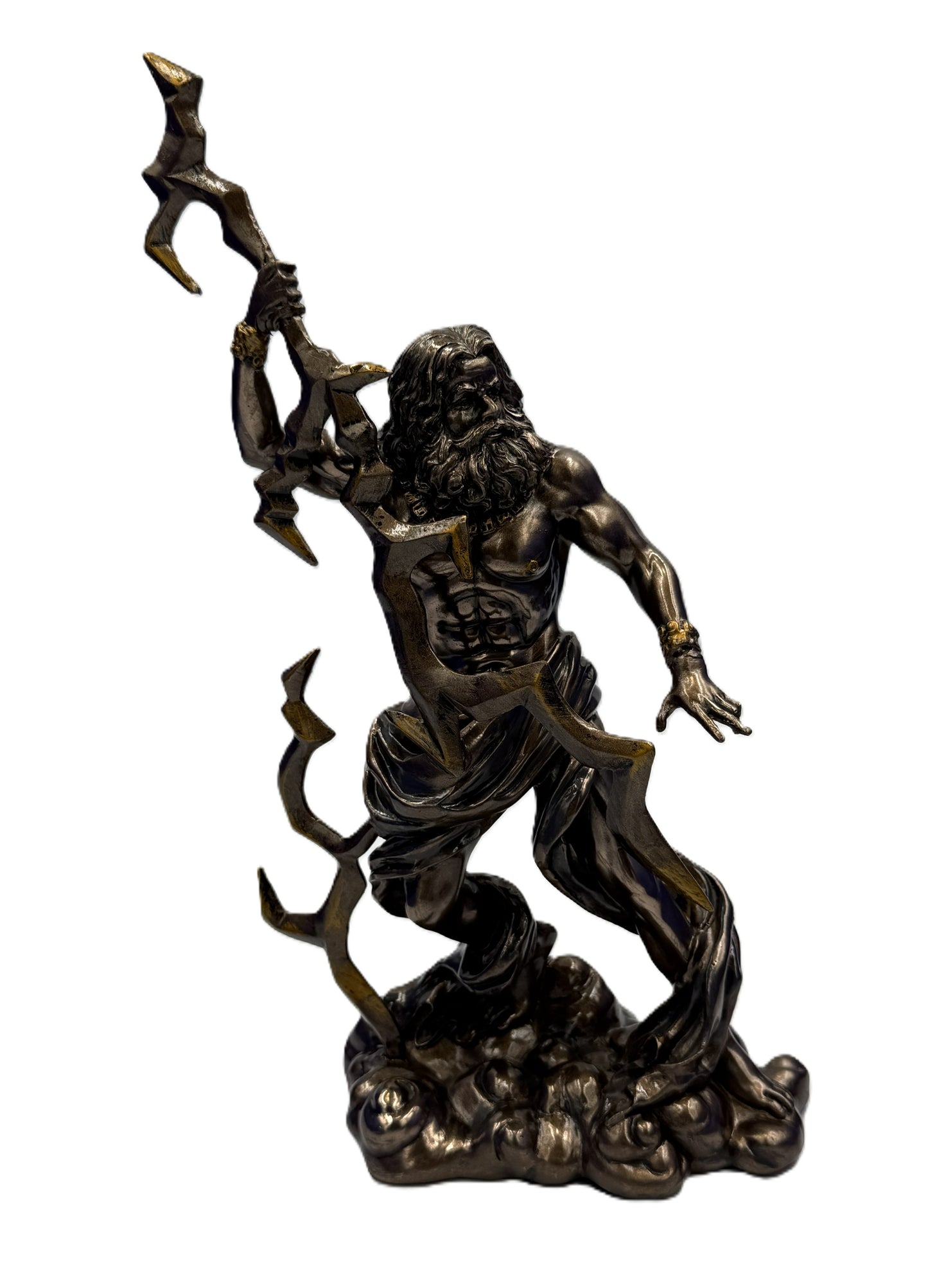 Front view of Zeus Greek god statue holding lightning bolt with muscular form and flowing robes in cold cast bronze finish
