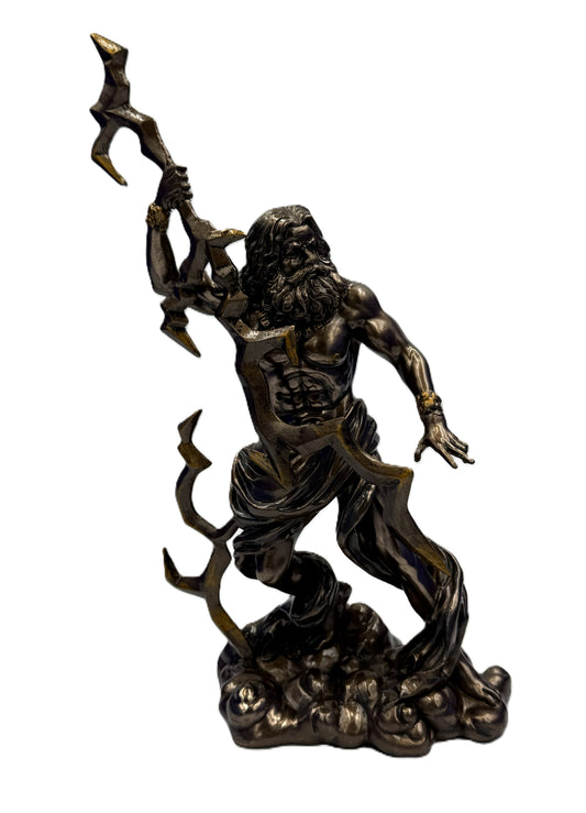 Front view of Zeus Greek god statue holding lightning bolt with muscular form and flowing robes in cold cast bronze finish
